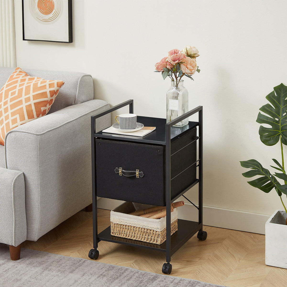 Set of 2 Black Rolling File Cabinet with 1 Drawer and Shelf N2501