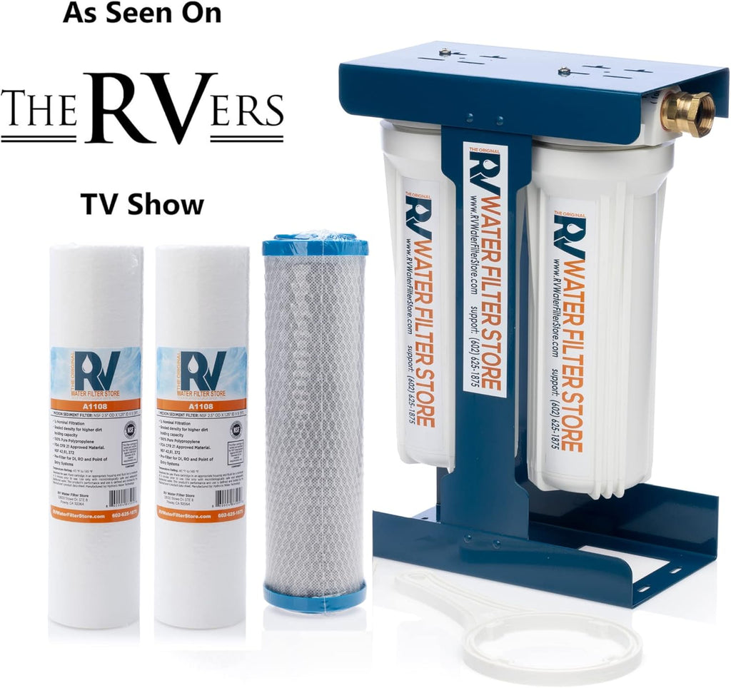 RV Water Filter System with Universal Blue Cage Mounting Bracket and Brass Hose Fittings O205