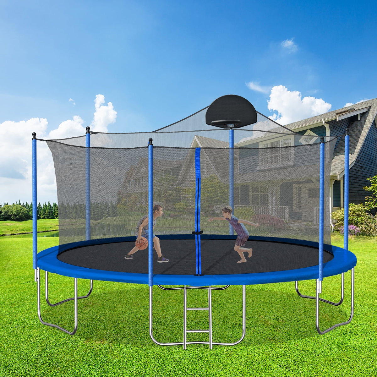 14 FT Trampoline with Safety Enclosure Net, Basketball Hoop and Ladder Y56373
