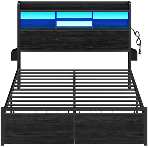 Black Full Size Metal Platform Bed Frame with Wood Headboard and Storage Drawers I772180