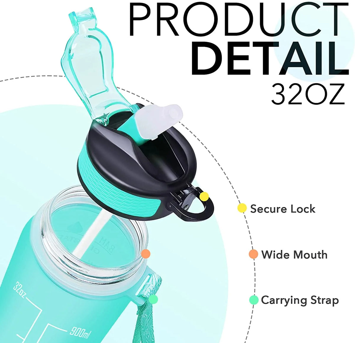 32 oz Motivational Water Bottle with Straw, Time Marker, Leakproof BPA Free C86533