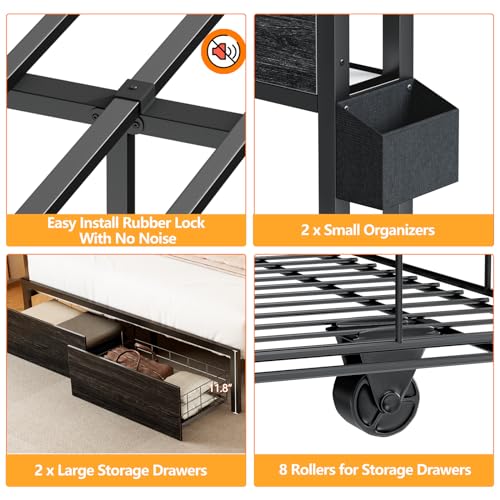 Black Full Size Metal Platform Bed Frame with Wood Headboard and Storage Drawers I772180