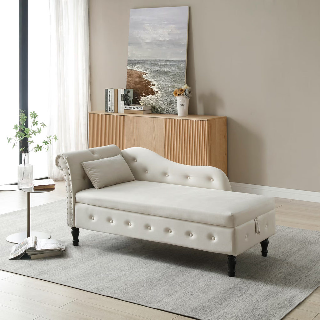Beige Velvet Storage Chaise Lounge with 1 Pillow F18691
