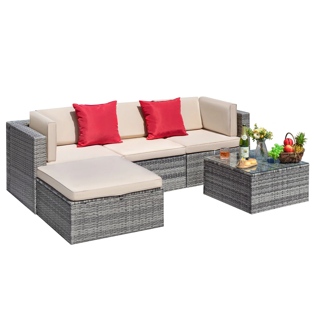 5 Pieces Beige Wicker Rattan Patio Sectional Sofa J39176