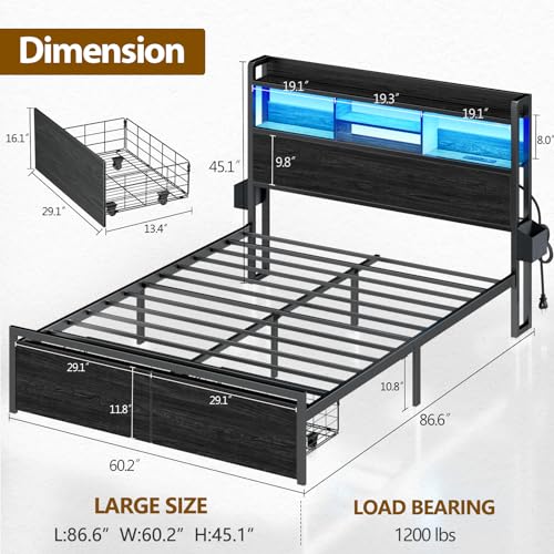 Black Full Size Metal Platform Bed Frame with Wood Headboard and Storage Drawers I772180
