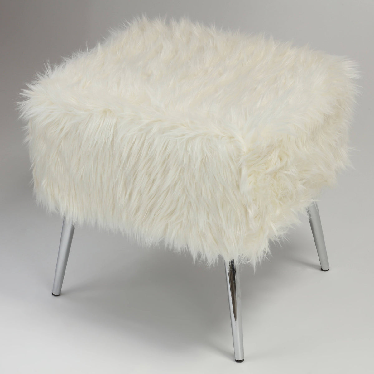 White Faux Fur Ottoman with Chrome Legs B5517