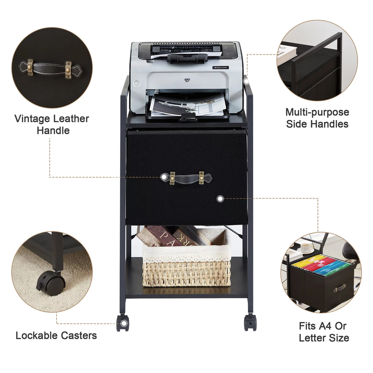 Set of 2 Black Rolling File Cabinet with 1 Drawer and Shelf N2501