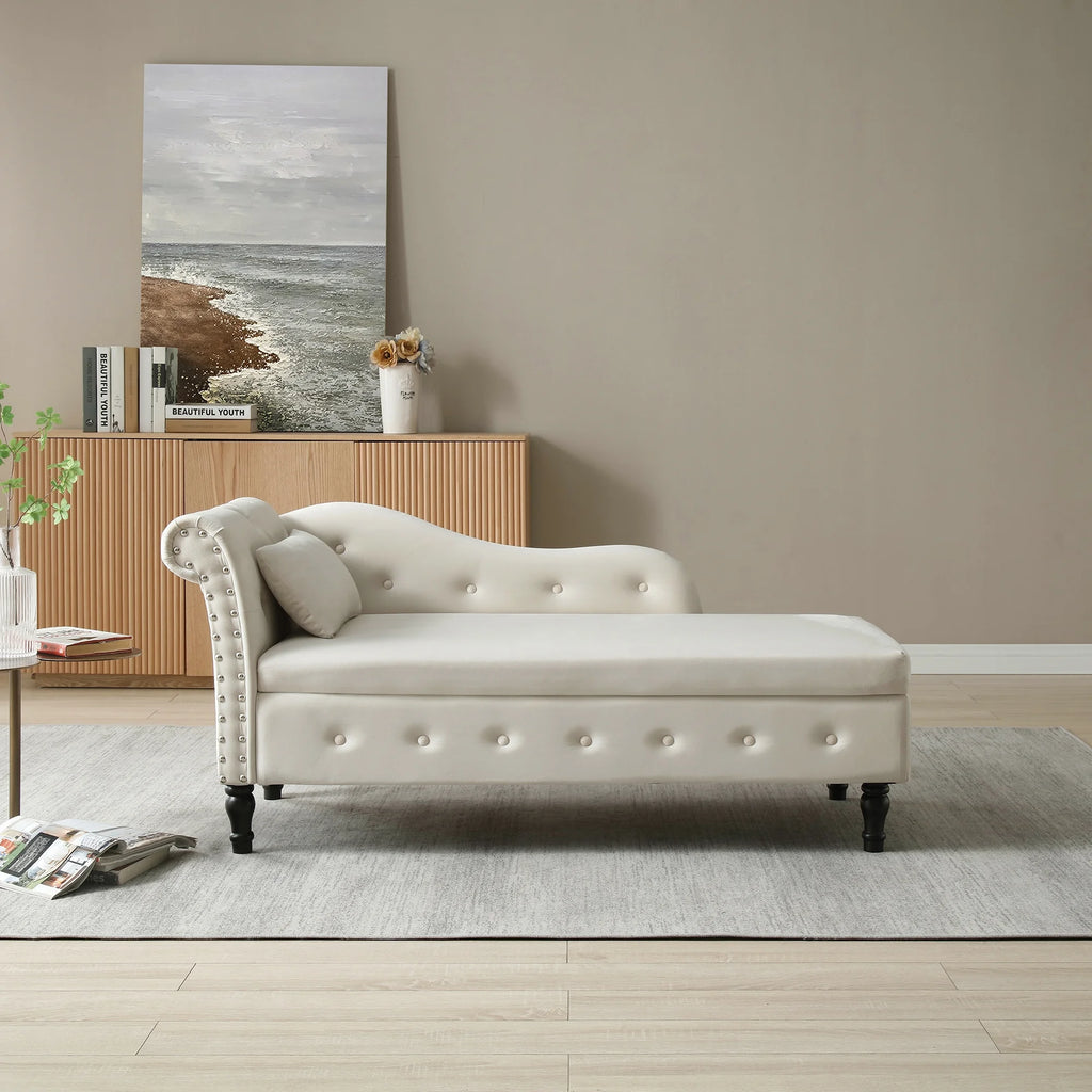Beige Velvet Storage Chaise Lounge with 1 Pillow F18691