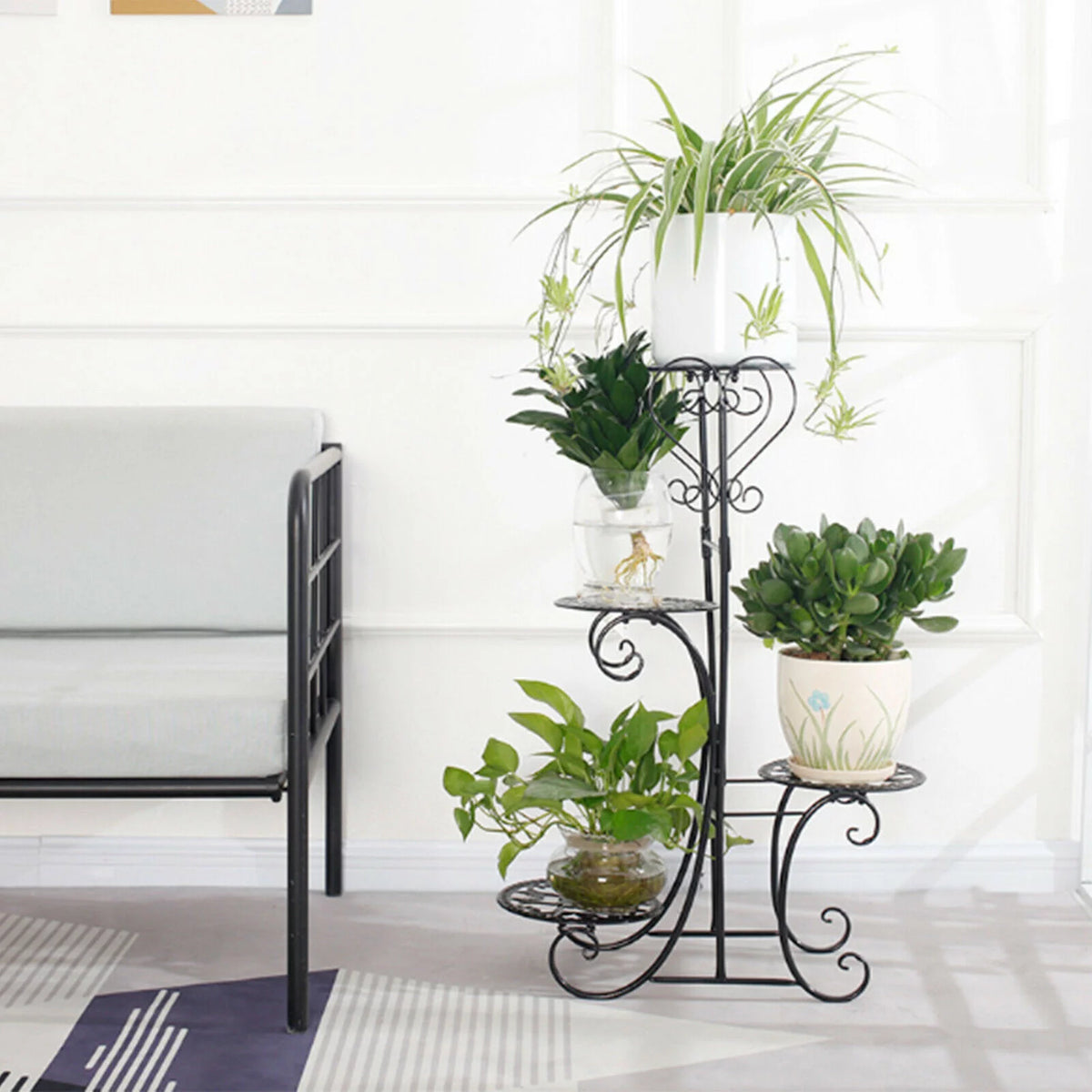 4 Tier Iron Plant Stand Wood Shelves B4294