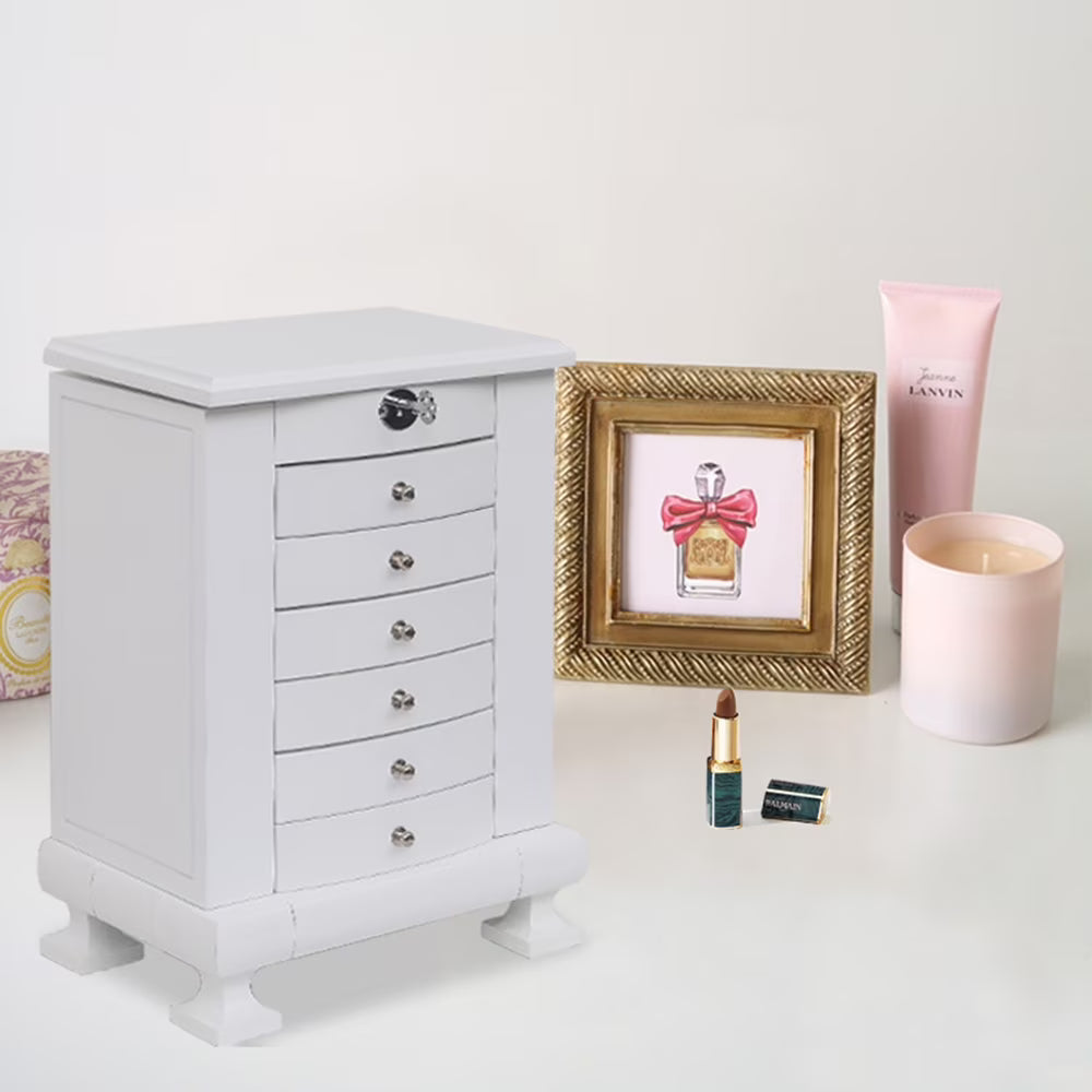 White Wooden 7 Layers Jewelry Box with Lock S31341