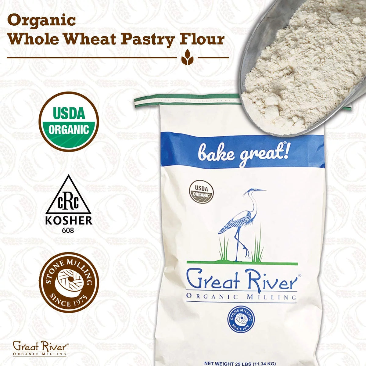 Organic Whole Wheat Pastry Flour, Stone Ground, 25 Pounds S56541