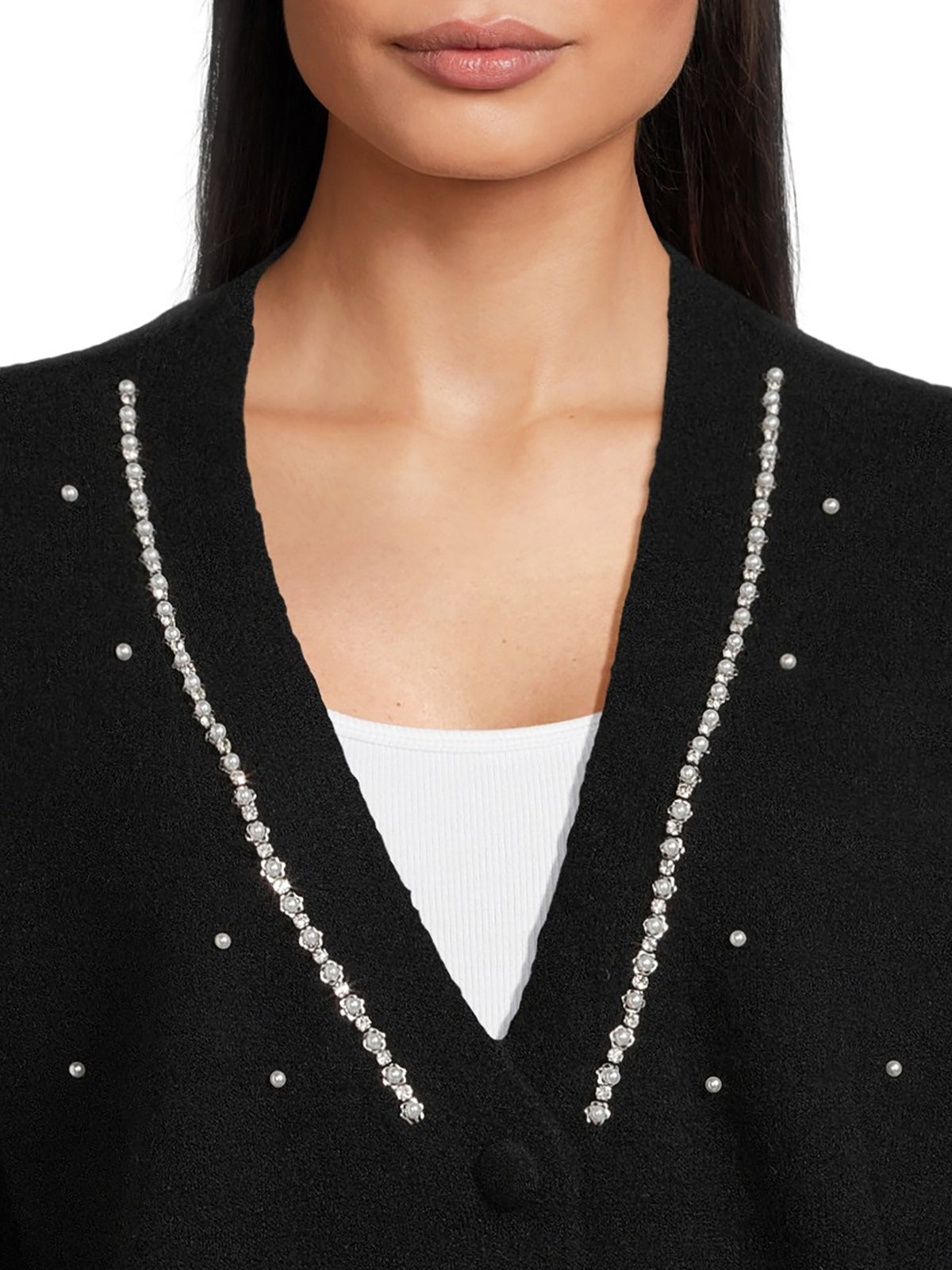 Women's V-Neck Embellished Button Front Cardigan with Long Sleeves L498