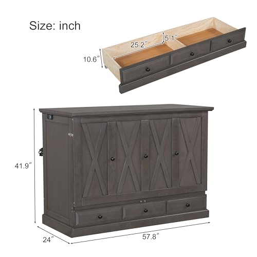 Queen Size Solid Pine Murphy Bed with Charging Station and Storage Drawer L32517