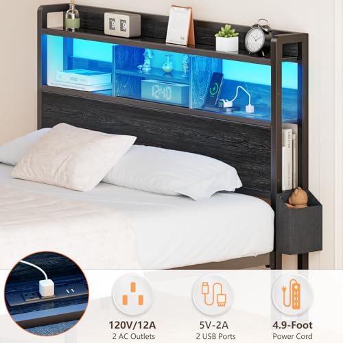 Black Full Size Metal Platform Bed Frame with Wood Headboard and Storage Drawers I772180