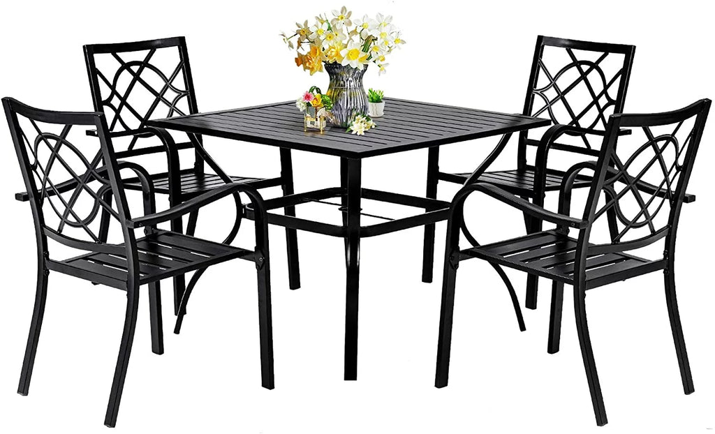 5-Piece Outdoor Patio Dining Set Stackable Metal Chairs and Square Table Black K864308