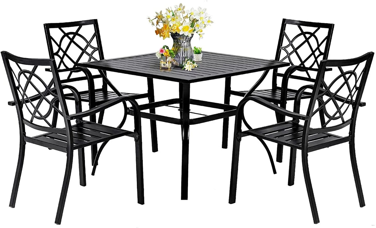 5-Piece Outdoor Patio Dining Set Stackable Metal Chairs and Square Table Black K864308