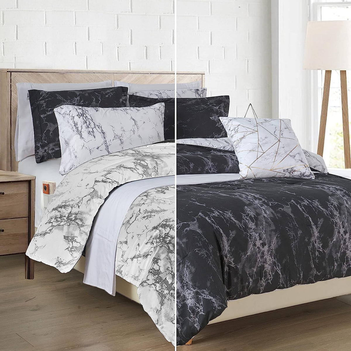 10-Piece Marble Print Comforter Set California King Size Black/White G8734