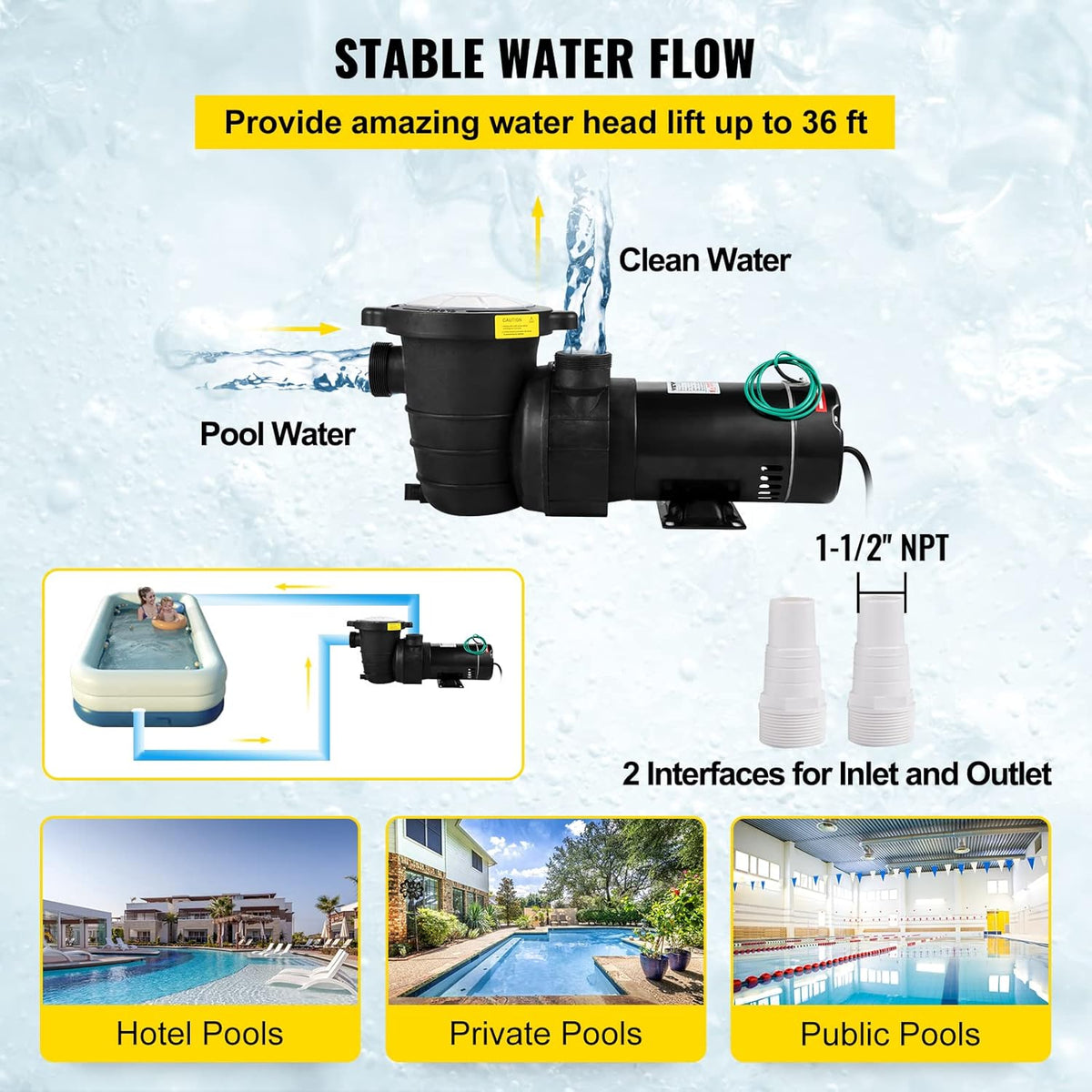 1HP 110V 5220GPH Self-priming Swimming Pool Pump with Strainer Basket and 2pcs 1-1/2'' NPT Connectors S55482