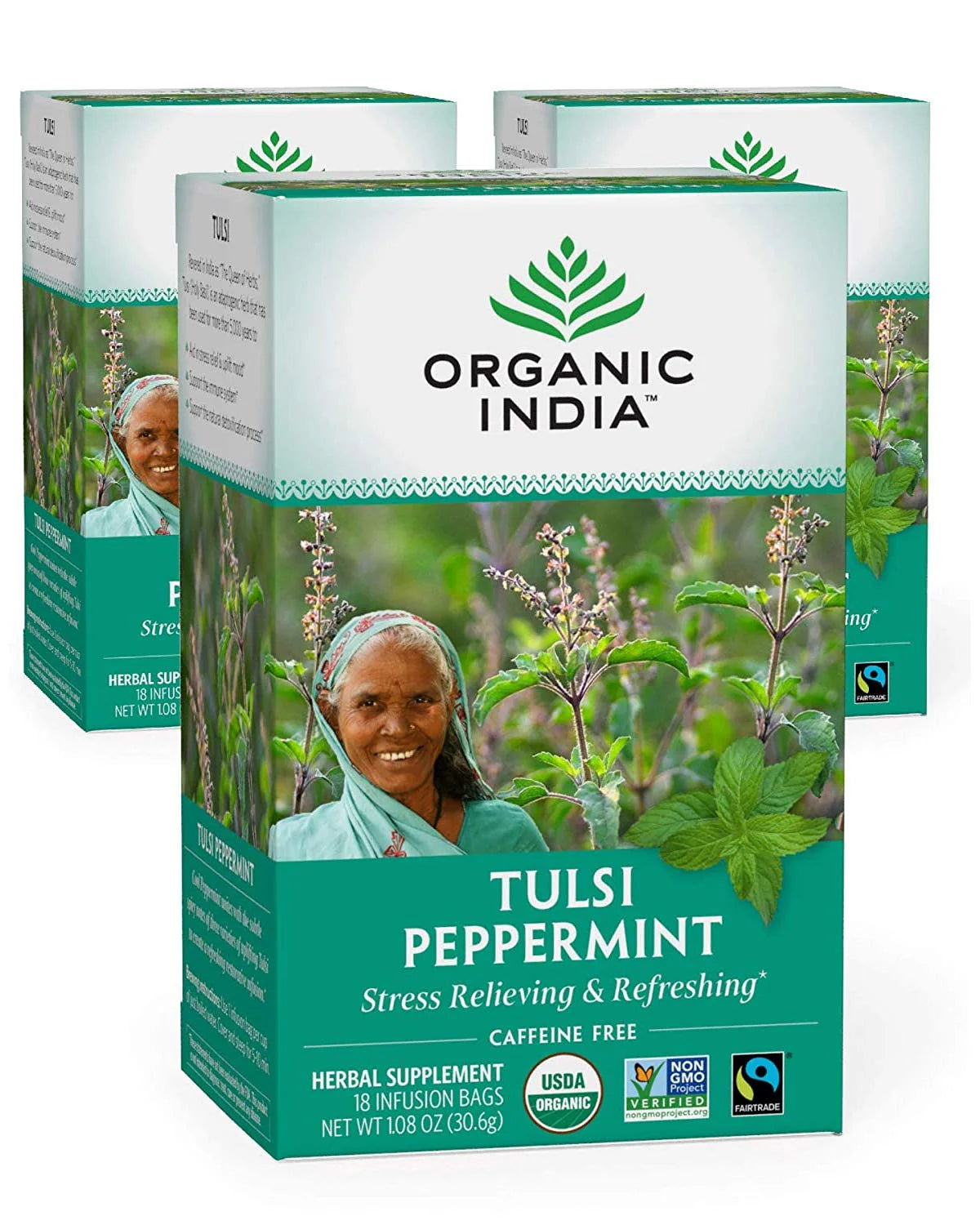 Organic Tulsi Peppermint Herbal Tea, Caffeine-Free, 18 Infusion Bags, 3 Pack F484